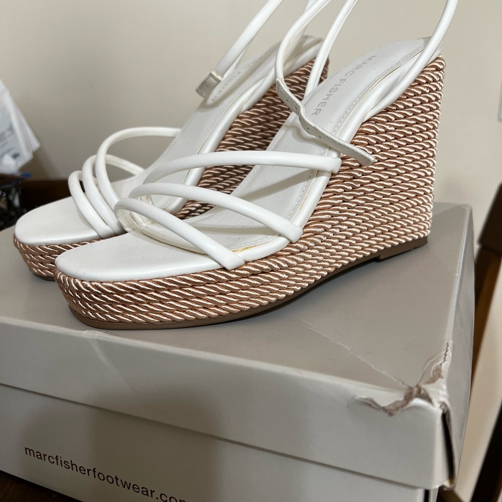 Marc Fisher White and Brown Strappy Wedges